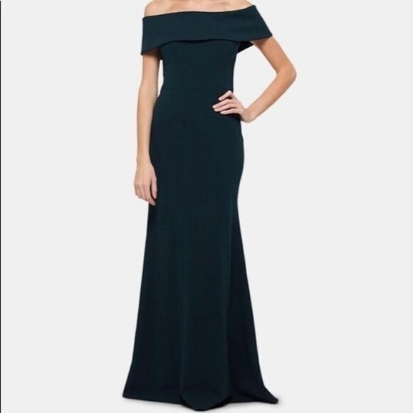 Betsy & Adam Maxi Dress Womens 6 Pine Ruffled Back Off Shoulder Gown Formal - Picture 2 of 4